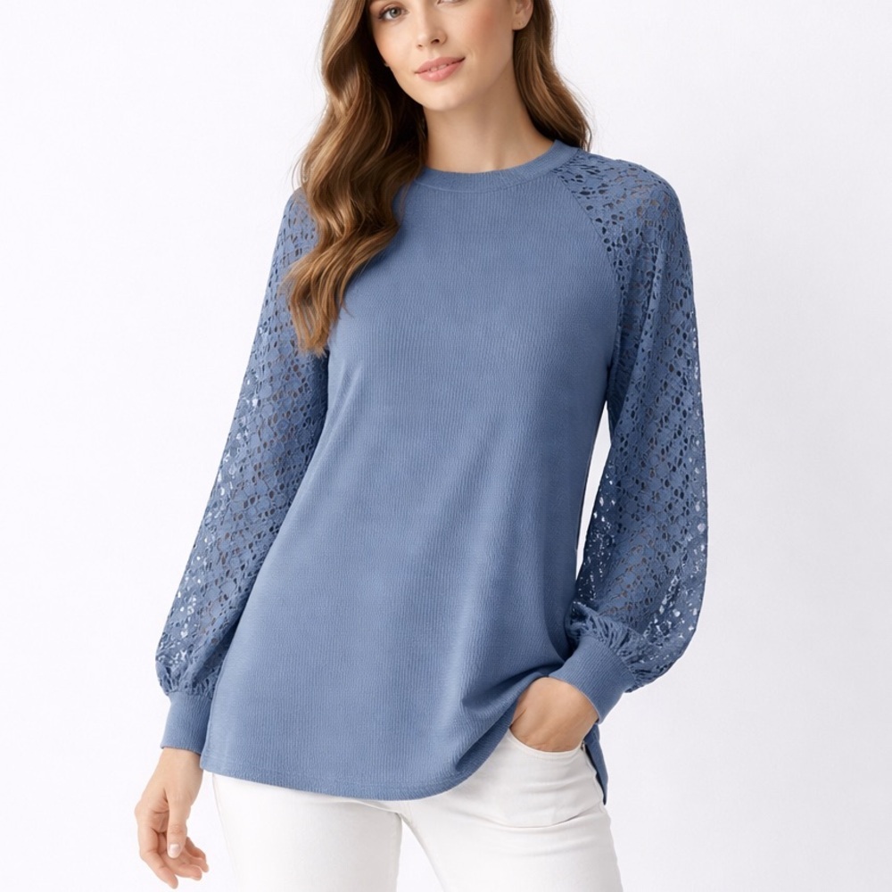 Miholl  Women’s  L Lace Sleeve Top Waffle Knit Blue Blouse Long Sleeve Boho